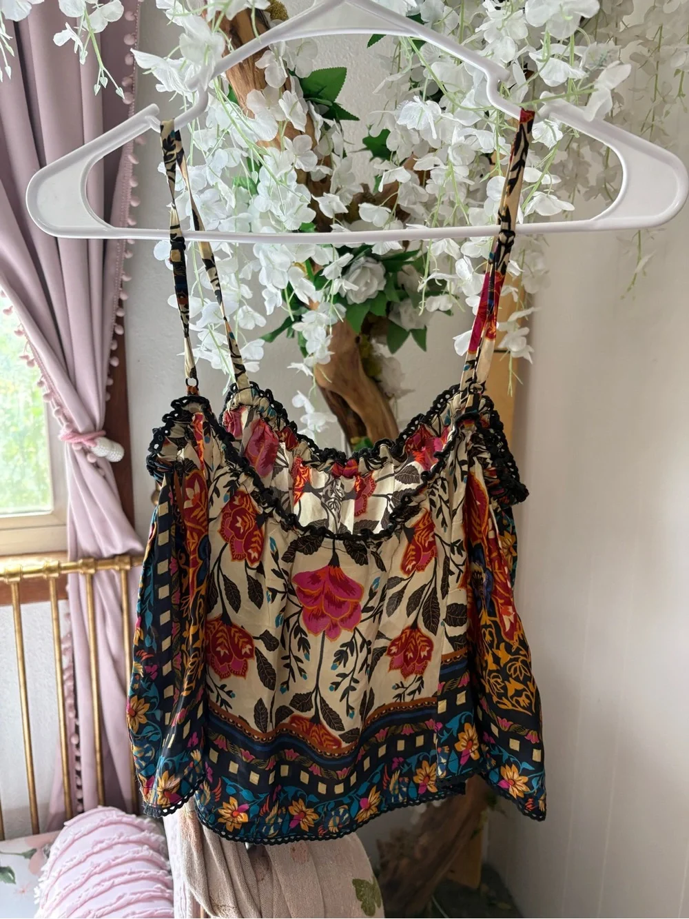 FARM Rio Floral Spaghetti-Strap Cropped Top in Cream, Pink, Red, Blue - Picture 9 of 10